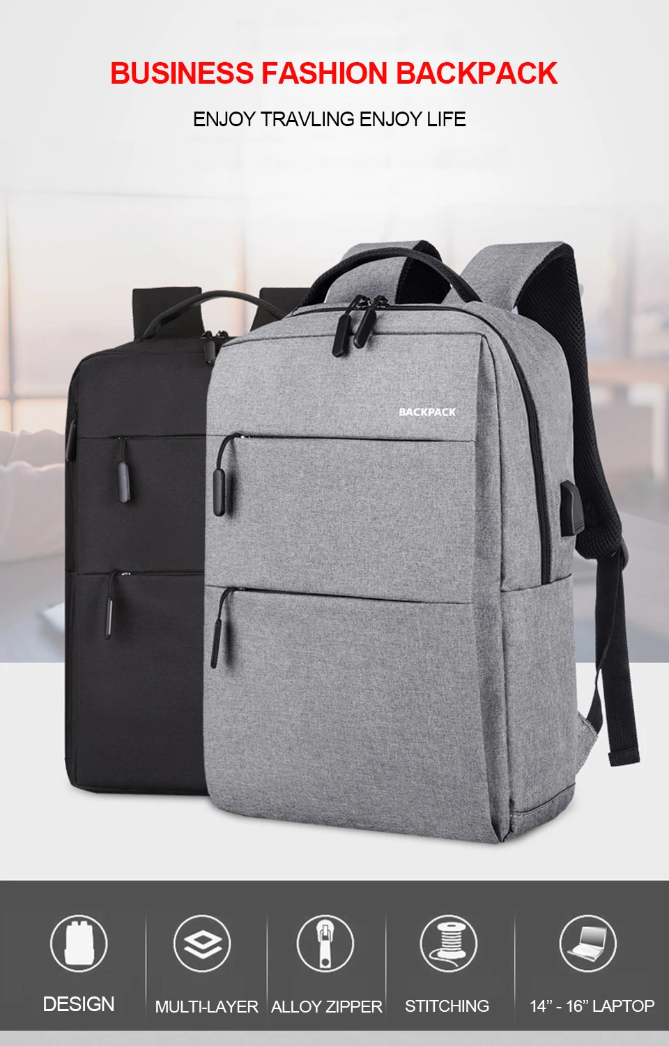 1 USB Charging Men Backpack Backpacks Laptop 15.6'' Women Backpacking Waterproof Business Travel Bagpack Notebook School Bag Pack