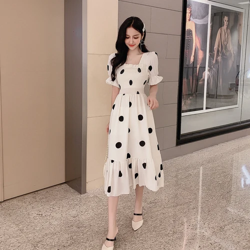 

Korean Summer 2019 Chic Sexy Backless Dress Brief Loose Bow Dresses Puff Sleeve Fashion Dot Square Collar Women Dress