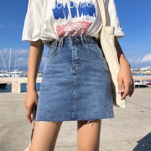 Street Wear High Waist Short Denim Skirt Spring Summer Women Pencil Skirts With Buttons Black Blue Jeans Skirt Mini
