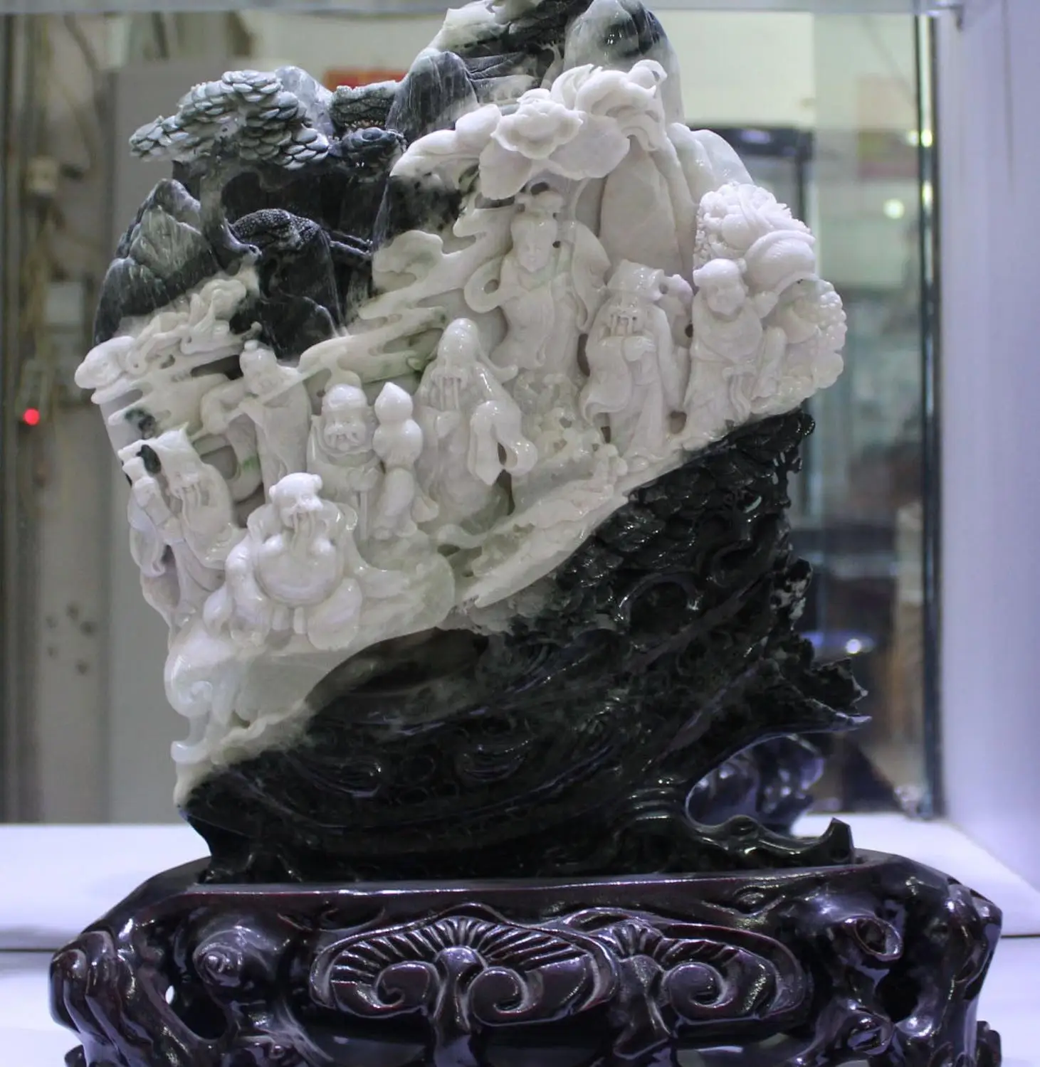 

15" Chinese Natural Dushan Jade Yu 8 Immortals God Cross Sea Shanzi Tree Statue