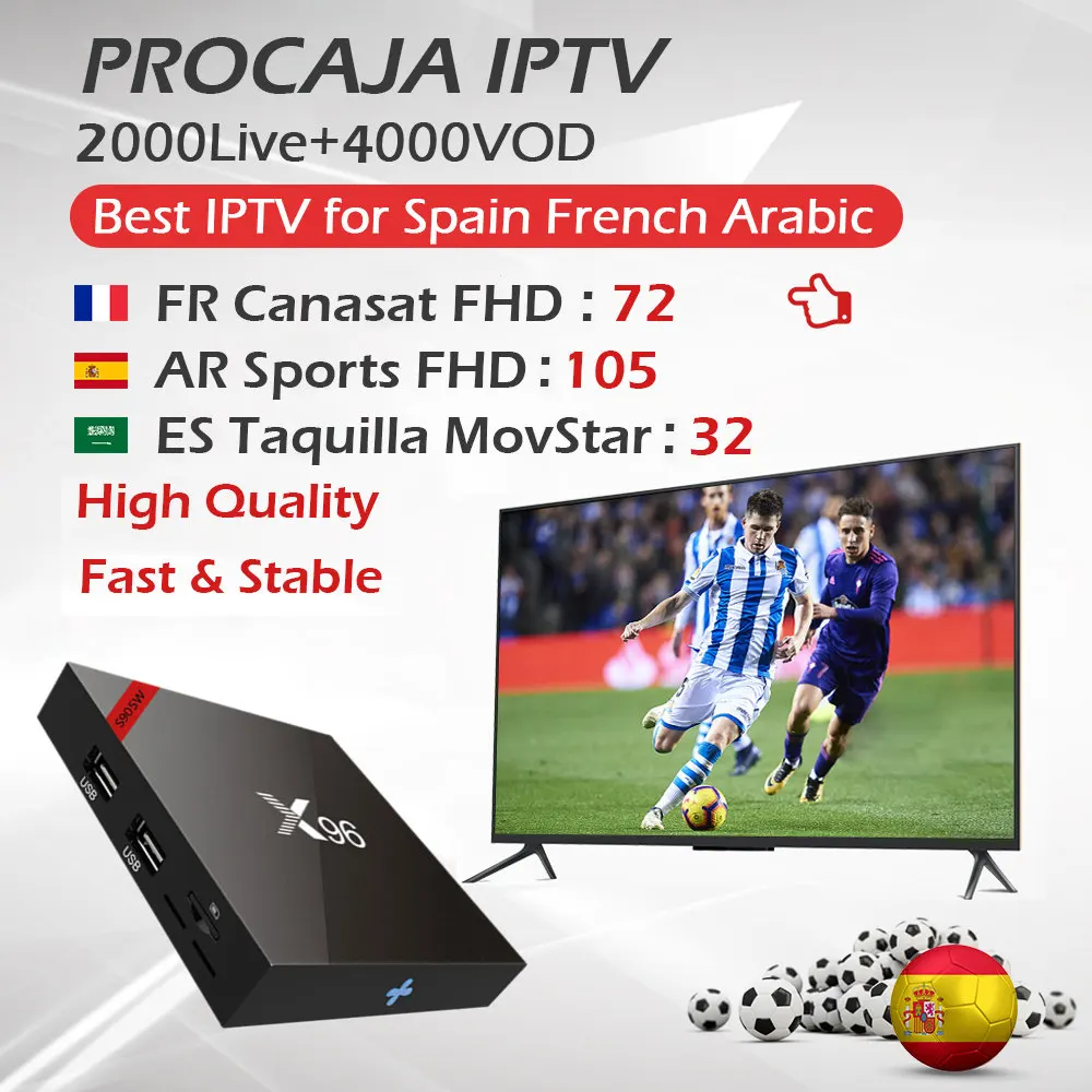 

Spain Procaja IPTV+X96W Android TV Box Amlogic S905W Quad Core 2G/16G 4K 2.4GHz WiFi Media Player Set Top Box France Arabic IPTV