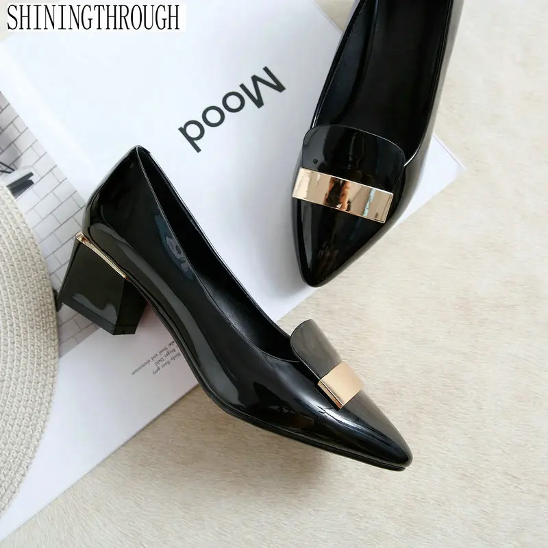 

2019 Women Shoes Ladies 4cm med Heels wedding Shoes woman patent leather Thick Heel Lady Footwear dress Shoes plus size 34-43