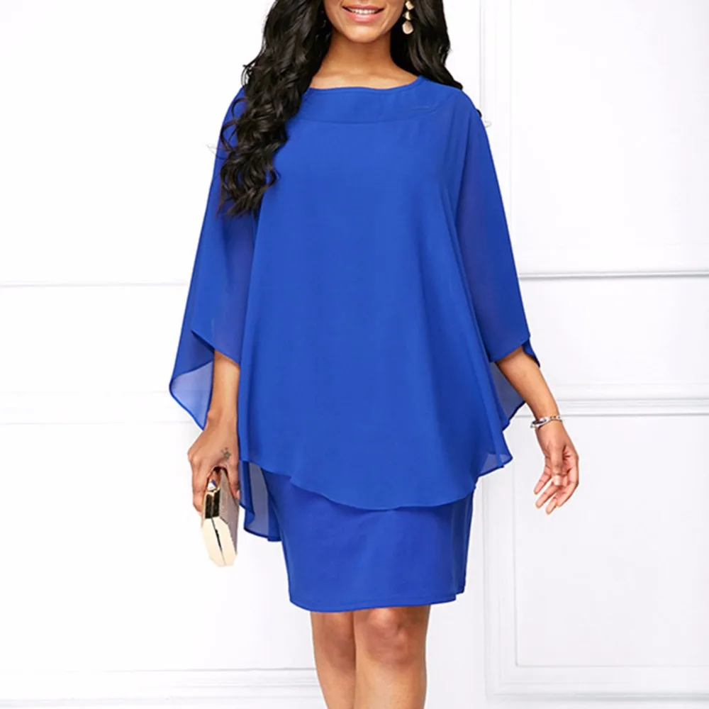 

Summer Female Plus Size Office Lady O-neck Women Fake Two-piece Flare Sleeve Chiffon Dress