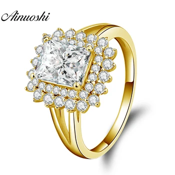 

AINUOSHI 14K Solid Yellow Gold Double Halo Ring Rectangle Cut SONA Diamond Ring Luxury Wedding Engagement Gold Ring for Women