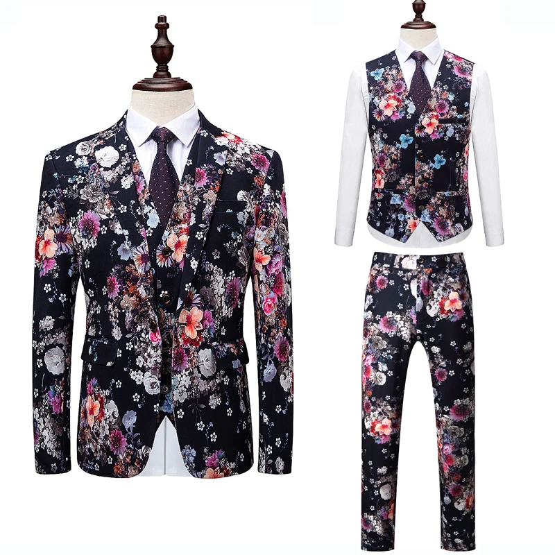 

2019 Men Suit Floral Pattern Suit Jacket Slim Fit Male Wedding Tuxedo High Quality Formal Party Suits Blazer(Jacket+Vest+Pants)