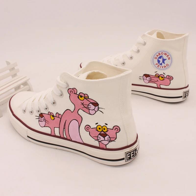 Ручная роспись; парусиновая обувь с рисунком розовой Пантеры; Женская высокая парусиновая обувь; четыре стиля на выбор; Белые Повседневные Sneakers35-44
