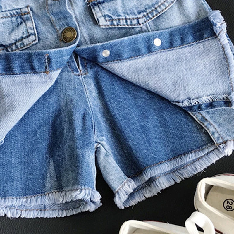 Летняя юбка для маленьких девочек модные детские джинсовые шорты сплошного цвета с кнопками Одежда для девочек, От 3 до 7 лет