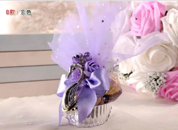 50 шт. европейские стили акриловый Серебряный элегантный лебедь Свадебная коробочка для сладостей подарок услуга вечерние коробки для шоколада+ полный аксессуар - Цвет: purple