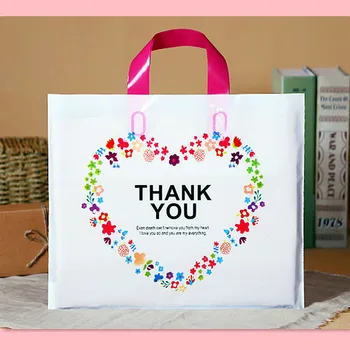 

White Plastic Shopping Bag with Handle THANK YOU Heart Flower Print Boutique Gift Packaging Wholesale