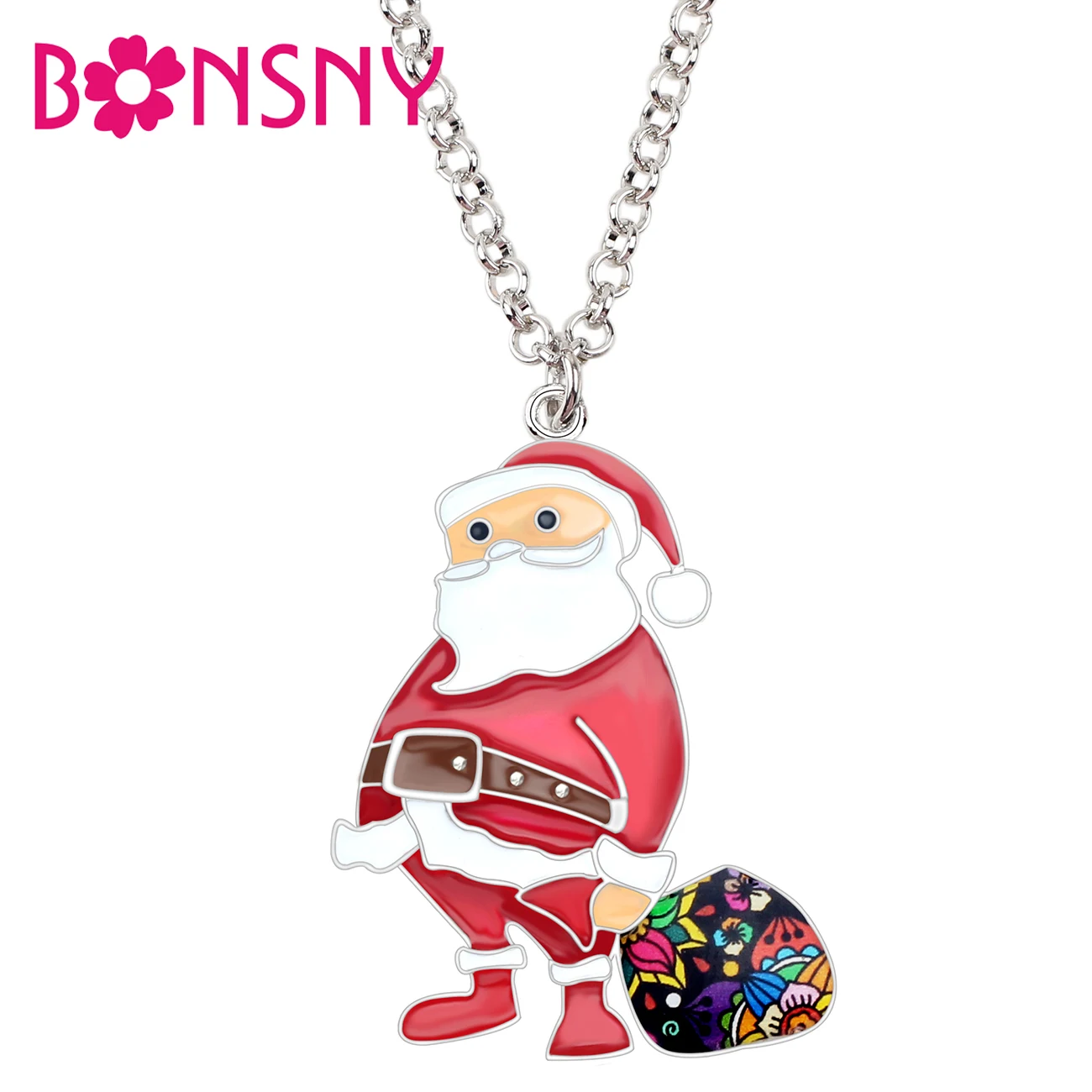 Bonsny Statement Enamel Alloy Christmas Santa Claus Gifts Bag Necklace
