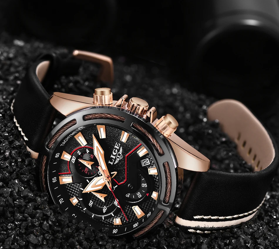 LIGE модные золотые Водонепроницаемый Для мужчин s часы лучший бренд класса люкс кварцевые часы Для мужчин кожа Хронограф Спортивные часы