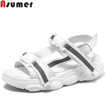 

Asumer fashion summer sandals casual ladies shoes comfortable mixed colors flat platform women sandals 2020 genuine leather