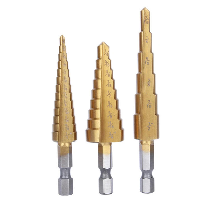 

New 3Pcs/set Steel Titanium Coated Step Drill Bit Quick-change 1/4" Hex Shank