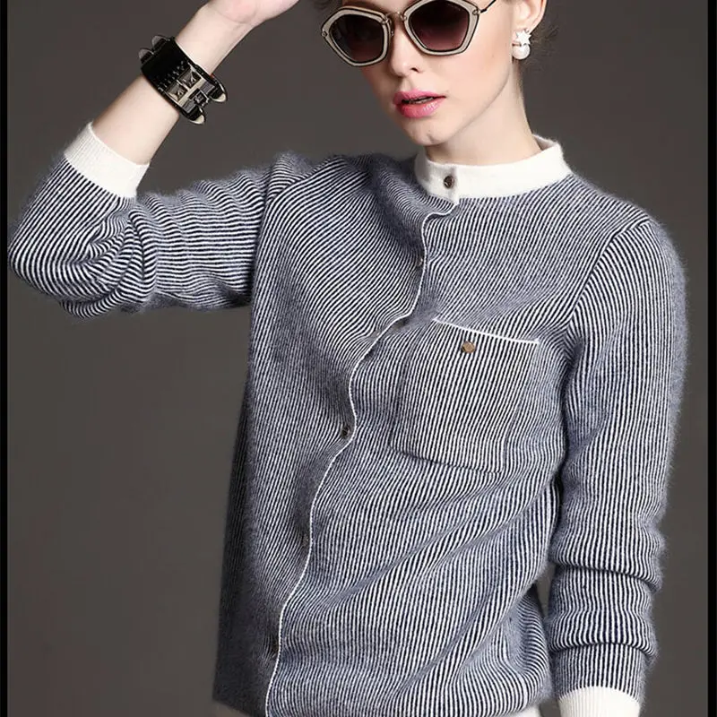 JVEII 2018 new round neck pure cashmere cardigan female thick loose short sweater vertical bar baseball sweater coat jacket Sweaters