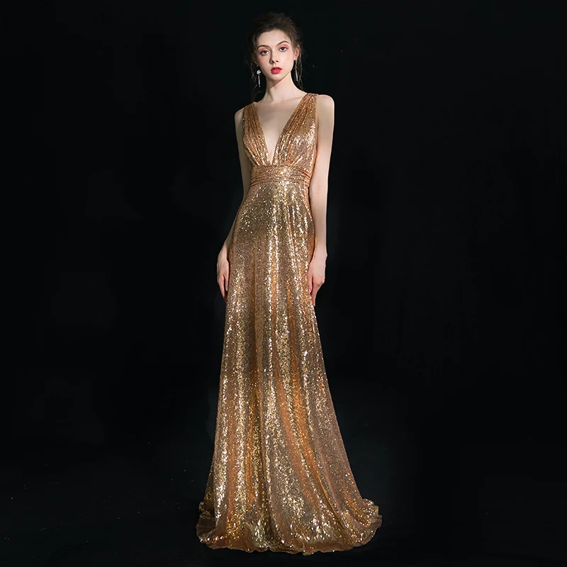 Beauty-Emily Sequins Golden Evening Dresses A Line Long Formal Prom Party Dresses 2019 Long for Women New Style Beauty-Emily Sequins Golden Evening Dresses A Line Long Formal Prom Party Dresses 2019 Long for Women New Style
