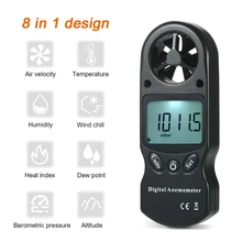 8 em 1 anemômetro digital velocidade do vento/temperatura/umidade/frio do vento/índice de calor/ponto de orvalho/pressão barométrica/medidor de altitude