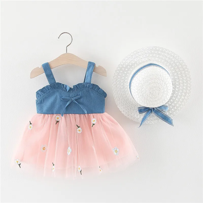 Сумка/шляпа, Летнее Детское платье принцессы для маленьких девочек нарядное джинсовое платье для девочек милое Сетчатое платье для дня рождения, крещения