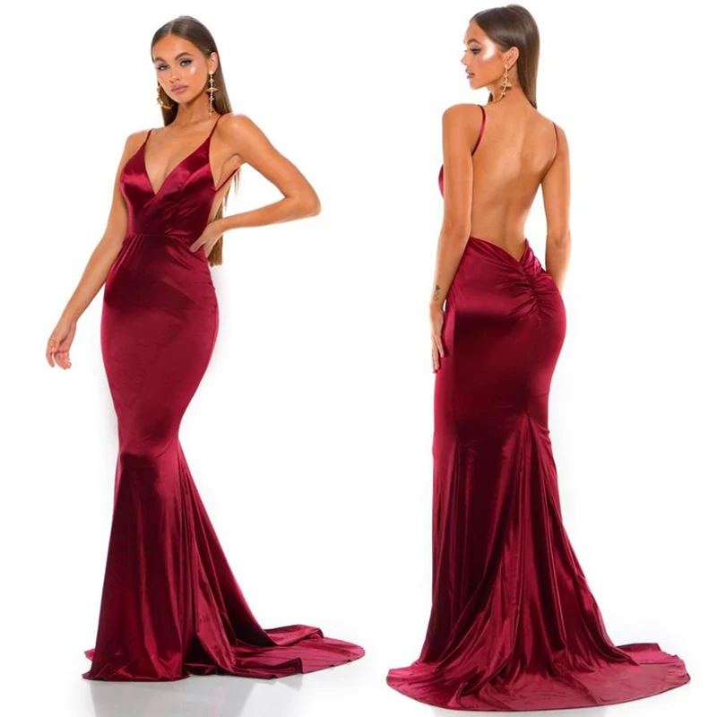 

Deep V-Neck Burgundy Cut Out Sling Mermaid Dress Bodycon Floor Length Open Back Stretch Satin Evening Party Dress