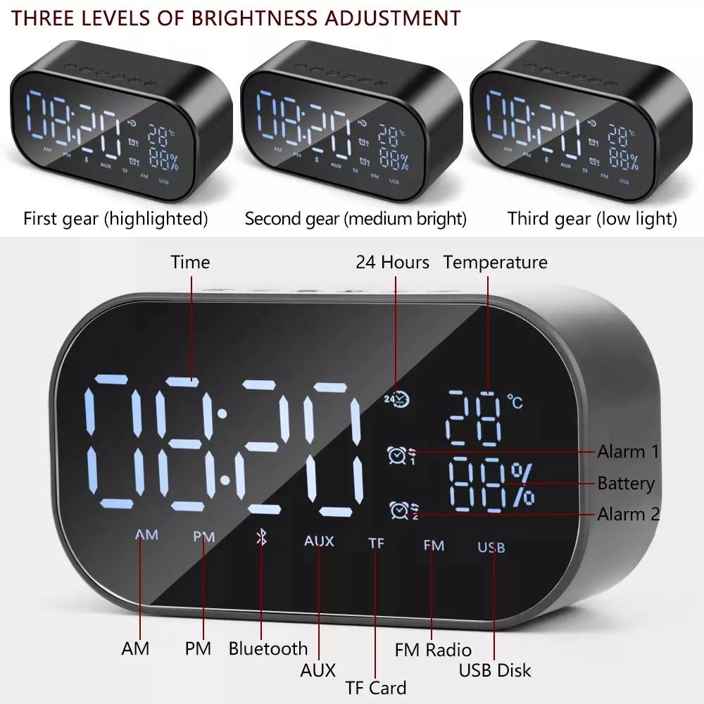 Q9 Bluetooth Speaker LED Alarm Clock With FM Radio AUX TF Portable Wireless Speaker Outdoor Music Player Mirror Surface Altavoz (5)