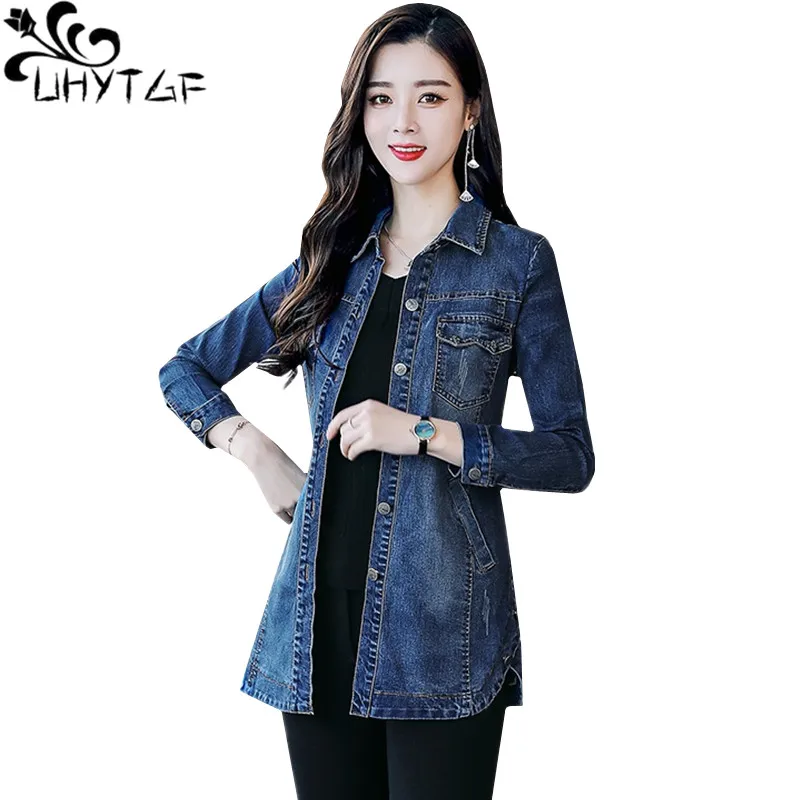 

UHYTGF Women Basic Coat Spring autumn Denim Jacket female Korean loose 5XL plus size jackets casual Jeans Jacket For Women 608