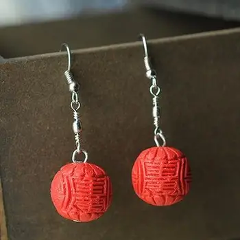 

Perfect Red Carved Cinnabar Earrings, Fashion Women's Carved Lacquerware Jewelry,Red Round S925 Silvers Dangle Earring .C-27