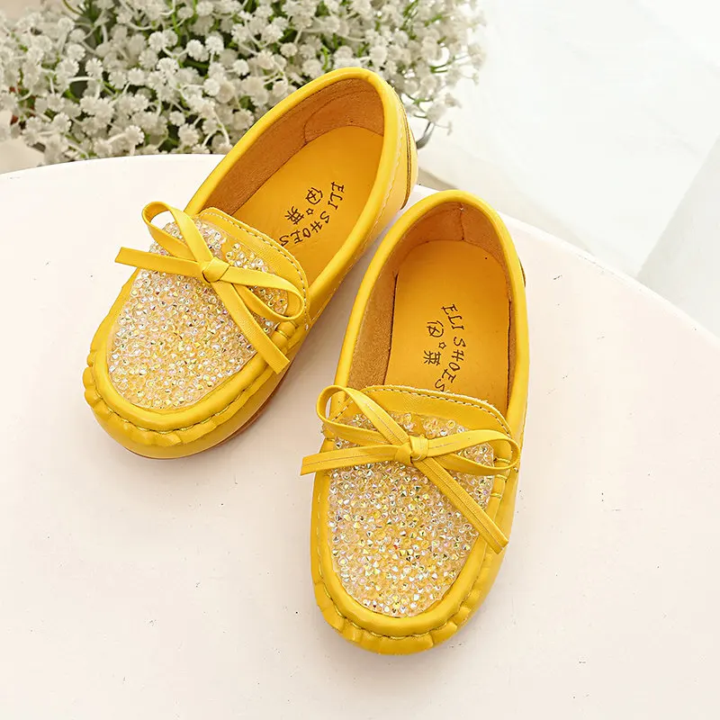Mudibear/детская кожаная обувь с плоской подошвой для девочек; Детские лоферы; повседневная обувь с бантиком; детская обувь для девочек; полые Мокасины - Цвет: Yellow