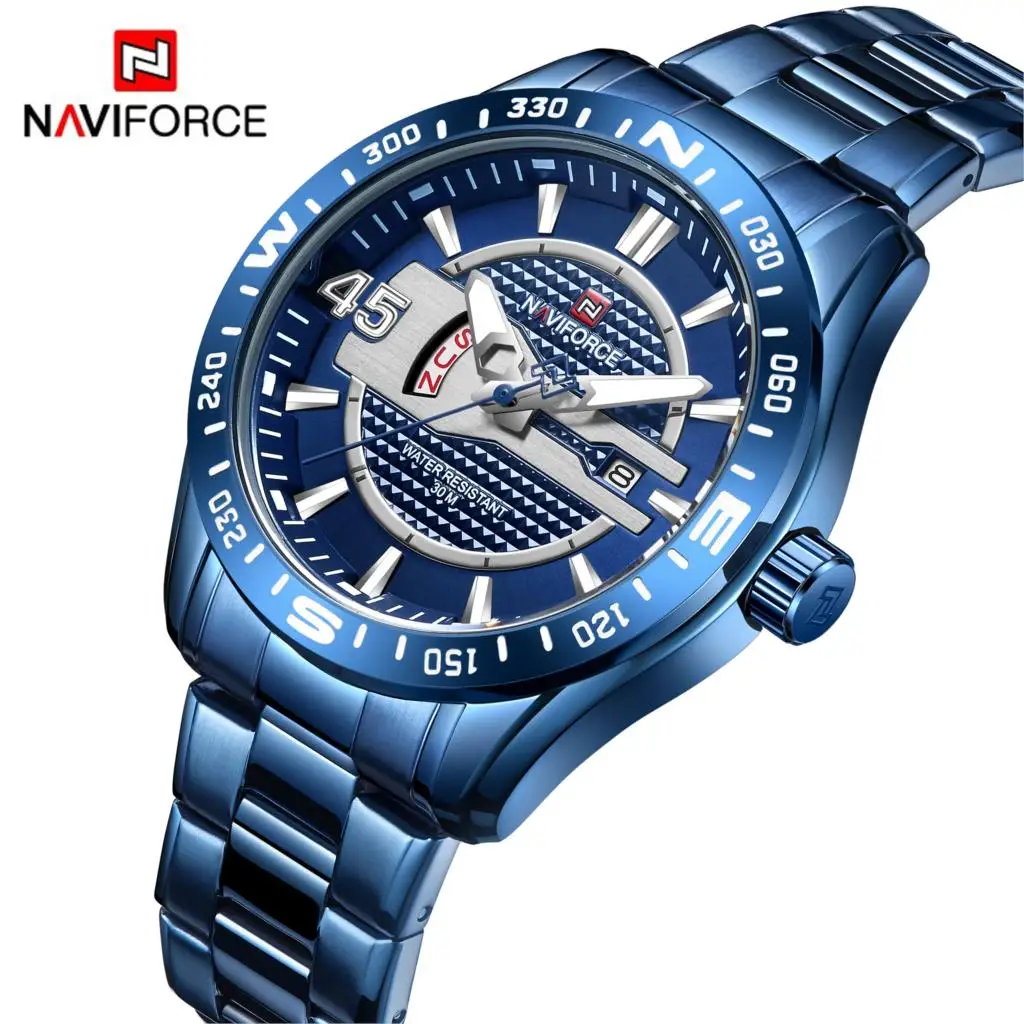 NAVIFORCE Роскошные Брендовые мужские синие часы из нержавеющей стали кварцевые