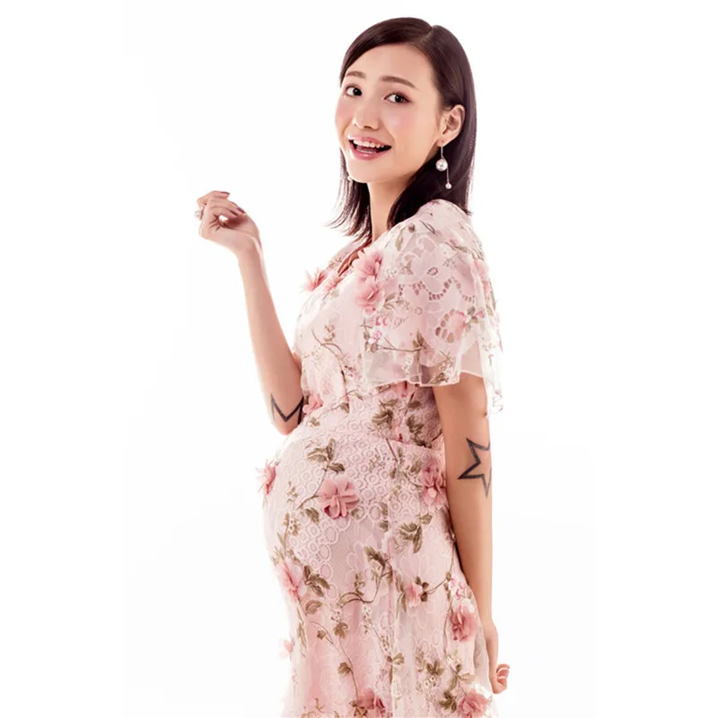 Elegant floral sheer maternity dresses pregnant clothes for photo shoot