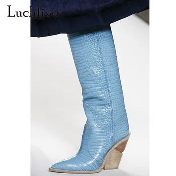 

2018 Snakeskin Knee High Boots Woman Pointed Toe Wedges Long Boots Women Fashion Knight Boots