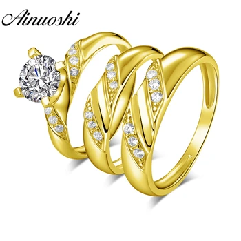 

AINUOSHI Real Gold TRIO Rings 14K Yellow Gold Couple Wedding Ring Set Stripe Line Design Band Engagement Wedding Rings Jewelry