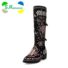 S.romance/женские ботинки, размеры 34-43, квадратный каблук, кожа, круглый носок, до колена, на молнии, китайский стиль, женская обувь, зимние ботинки, черный цвет, SB1051