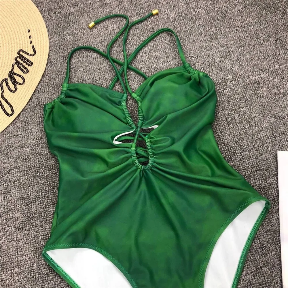 Новинка, женский купальник, зеленый, на шнуровке, Цельный купальник, женский купальник, сексуальный, с перекрестной спинкой, купальный костюм, женская одежда, V1195