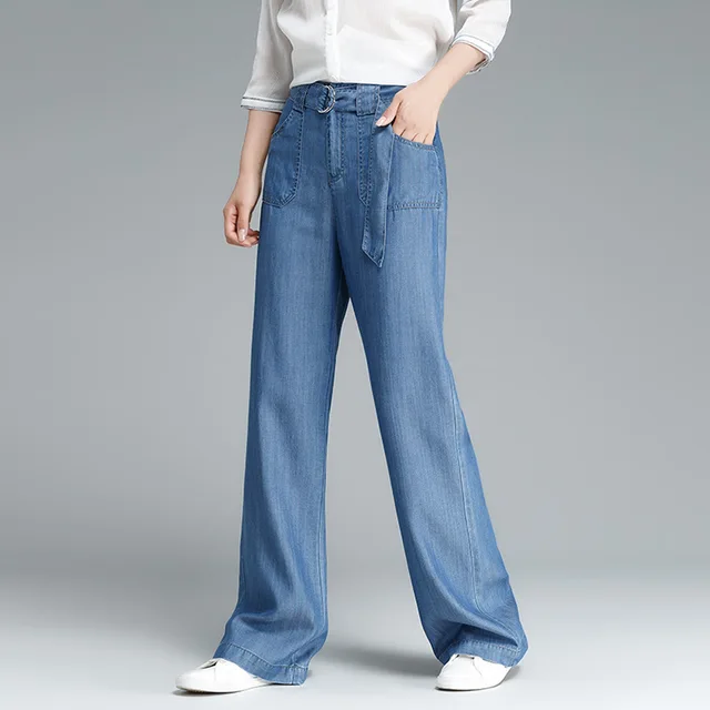 2018 Spring New Tencel Jeans Women Loose Wide Leg Jeans Female Blue
