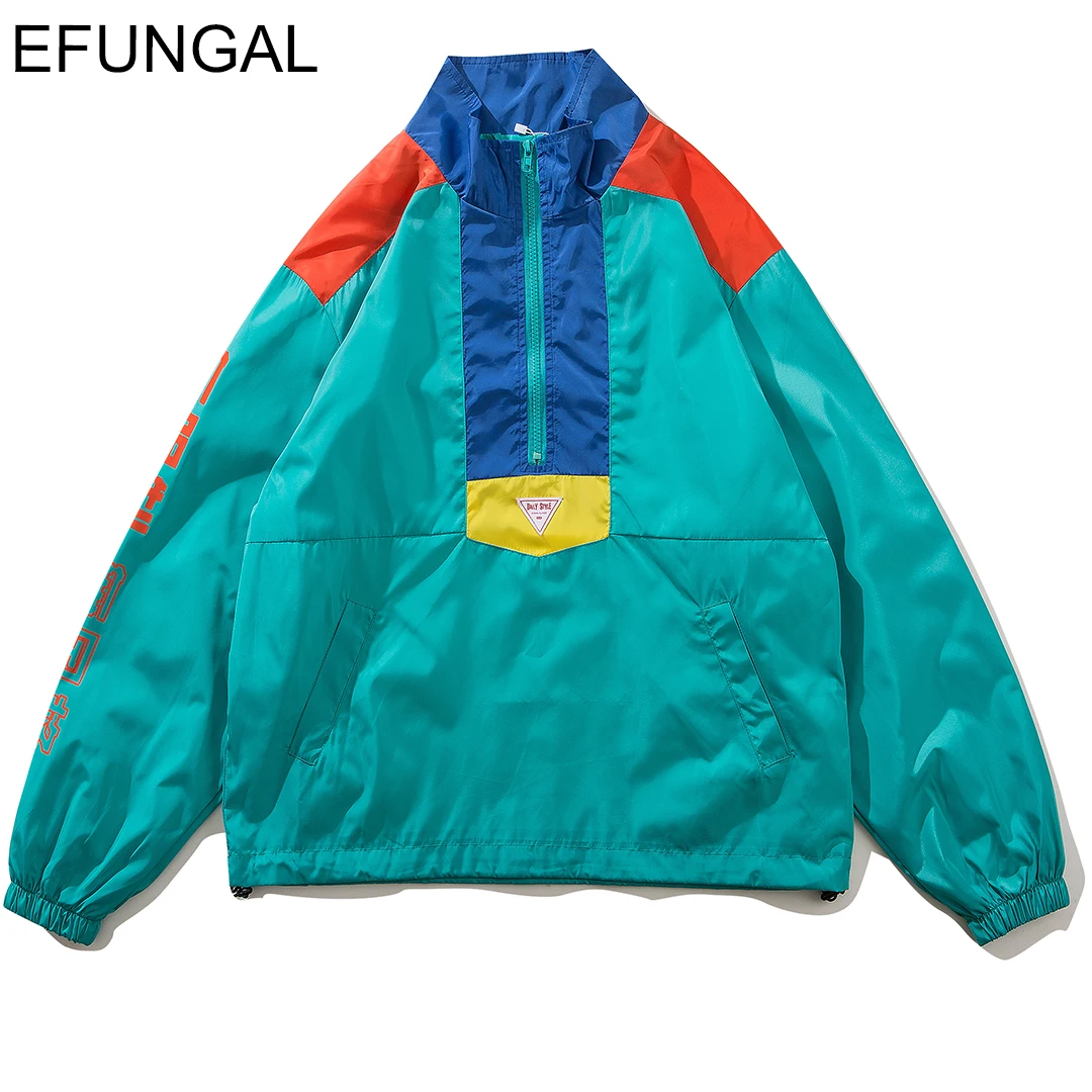 

EFUNGAL Color Patchwork Casual Windbreker Jackets Men Women Letter Print Hip Hop Trench Coat Half Zipper Pullover Gothic Jacket