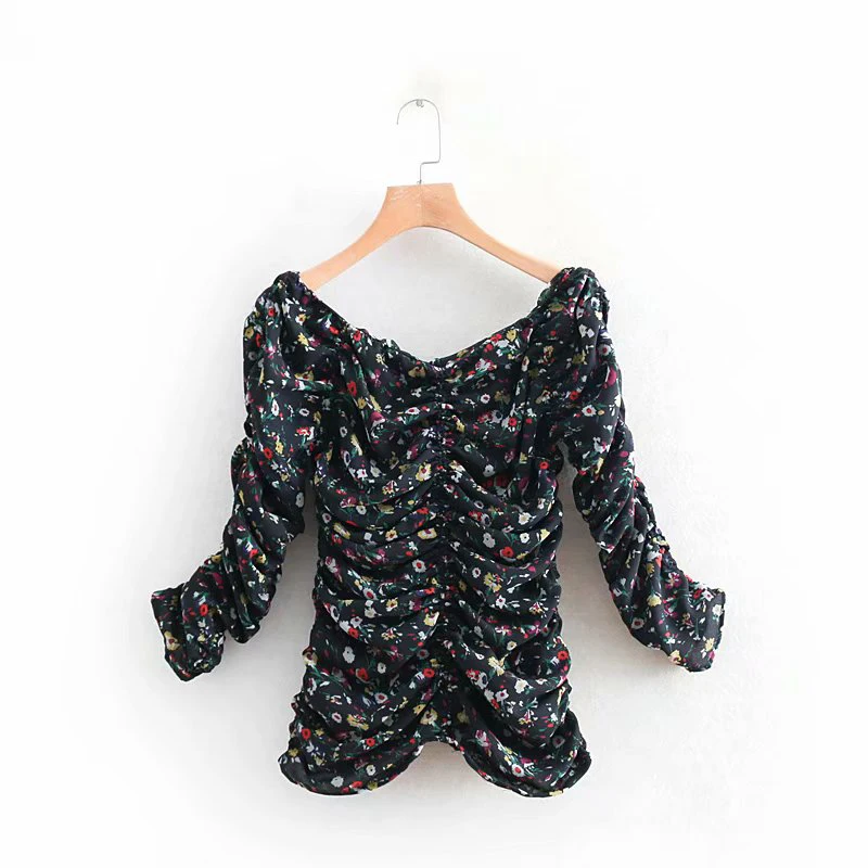 

2019 Women Za Spring Sweet Floral Print Pleatd Shirts Female Fashion Black Slash Neck Boho Blouse Ladies blusas mujer de moda