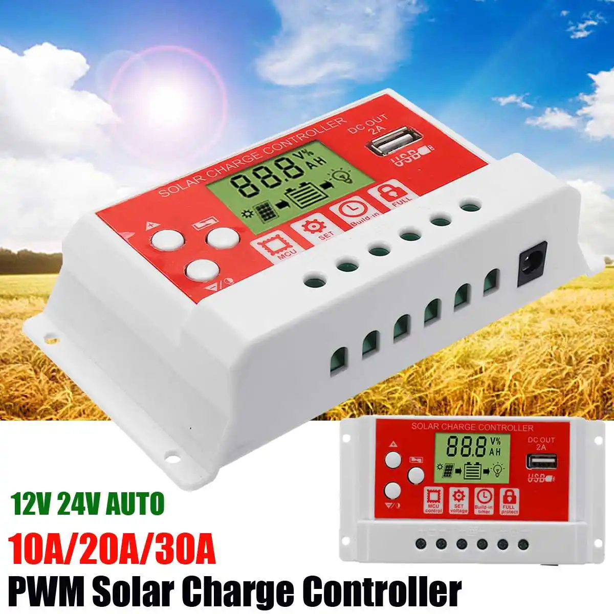 

10/20/30A 12V/24V AUTO Solar Charge Controller LCD Display PWM USB Solar Panel Regulator Charge Controller Hot