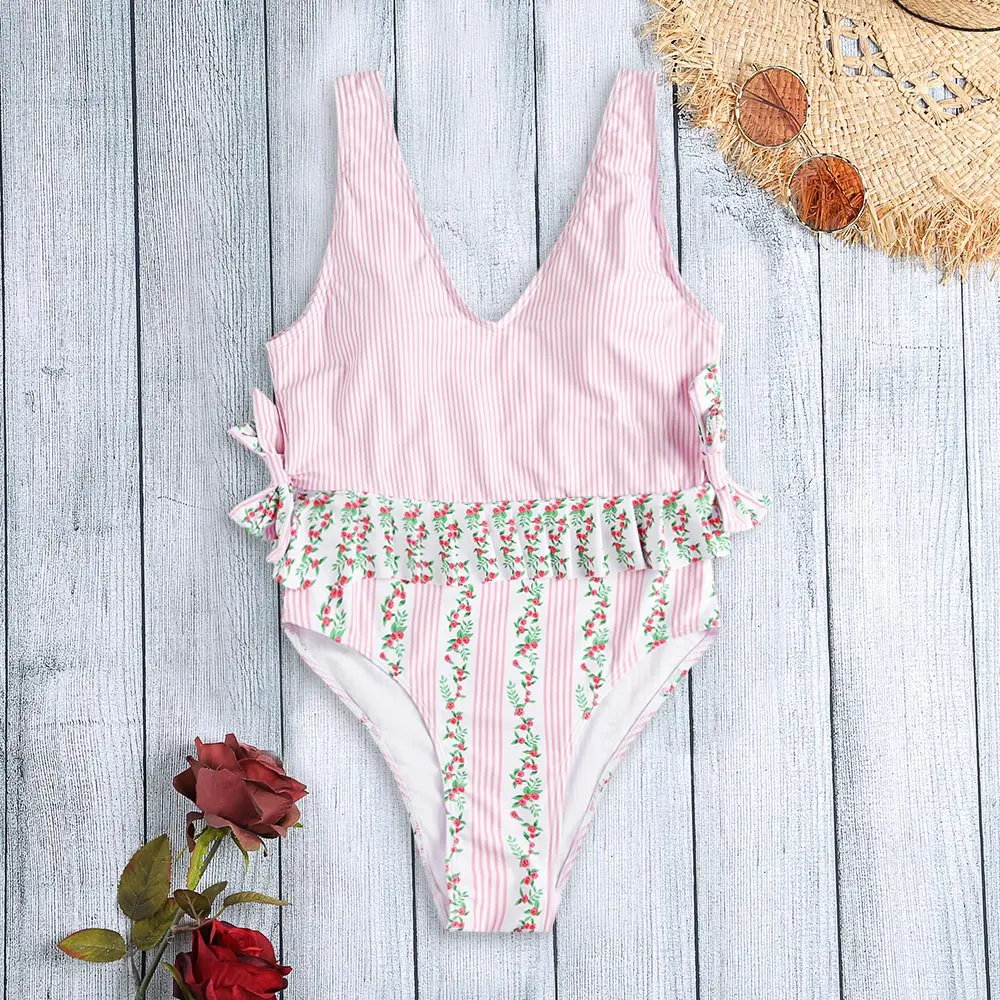 

LANGSTAR Cute Girls One Piece Swimsuit Pink Vintage Bow Backless Sexy Deep V Swimwear Women Backless Bathing Suit Monokinis