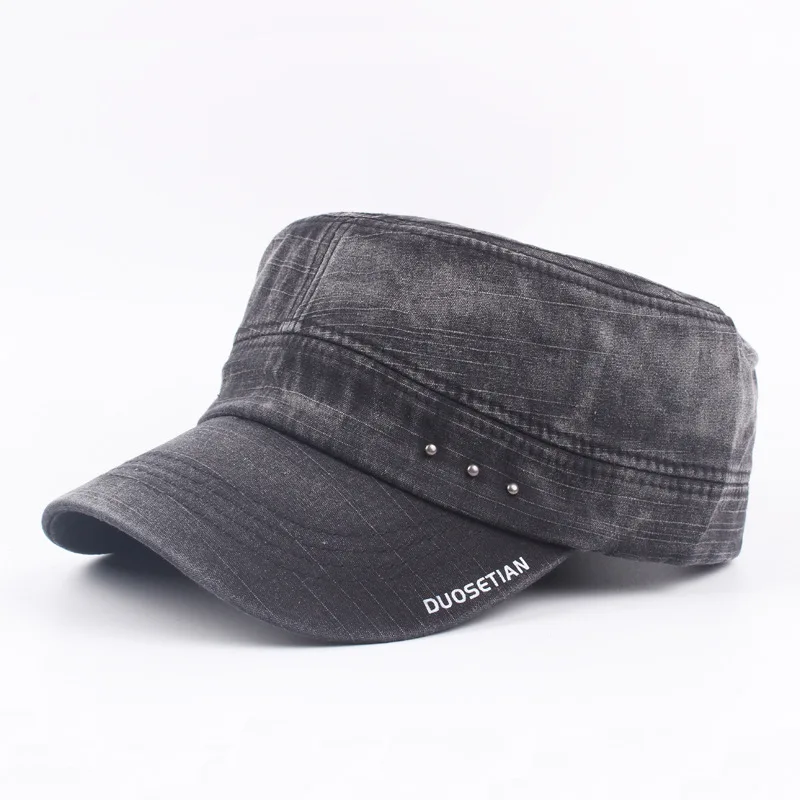 Cotton Denim Flat Cap Men Summer Washed Baseball Cap Army Dad Hat Snapback Bone Male Retro Casual Letter Flat Top Sun Hats - Цвет: Black