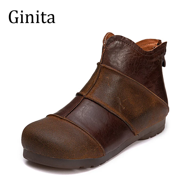 

Ginita Top Quality Footwear Brand Retro Leather Women's Ankle Boots Back Zipper Stitching Mori Girl Ladies Short Martin Boots