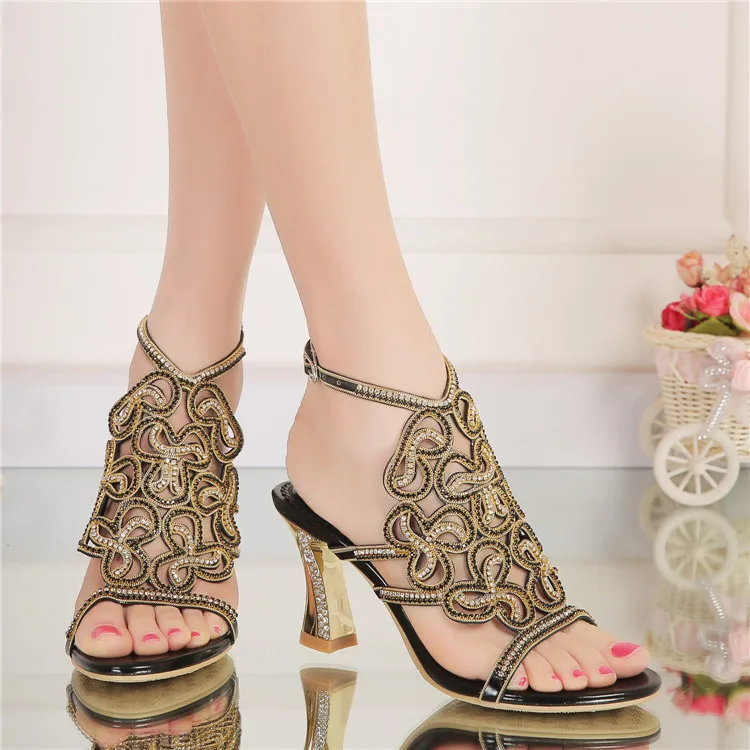 2016 Summer New Diamond Sandals Female Chunky Heeled High Heels Crystal Fashion Womens Large Size Shoes 11 Gold Silver Black-1