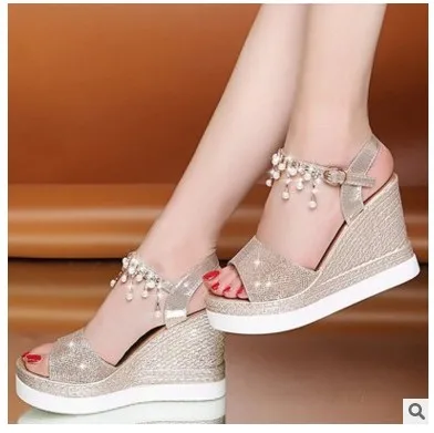 

Summer Women's Fashion Bling Crystal Chain Sandals Wedges Haigh Heel Female Shoes Peep Toe Back Strap Sandals Ladies Shoes