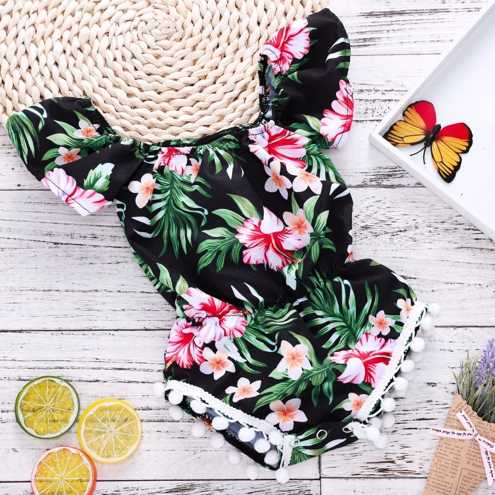 

2018 Baby Girl Floral Imfant Off Shoulder Flutter Sleeve Bodysuit Cute Onesie For Baby White Small Balls Plant Flower Bodysuit