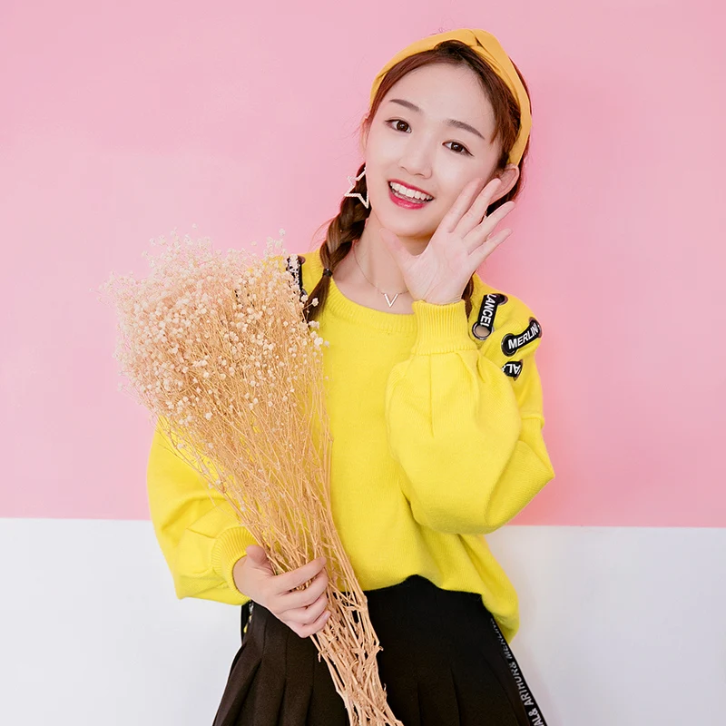yellow 2017 Black Candy Color Pullover Ribbon Sweater New orange Long neck Sleeves Personality O Women green Knitted Tie Autumn Winter raq7wH4r