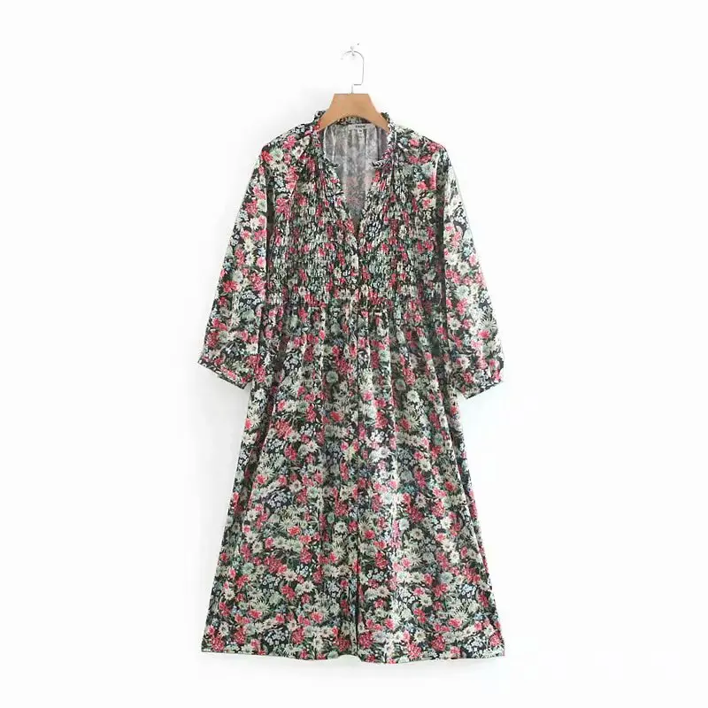 

2019 women vintage retro agaric lace vestidos floral print casual loose midi dress three quarter sleeve split chic dress DS2660
