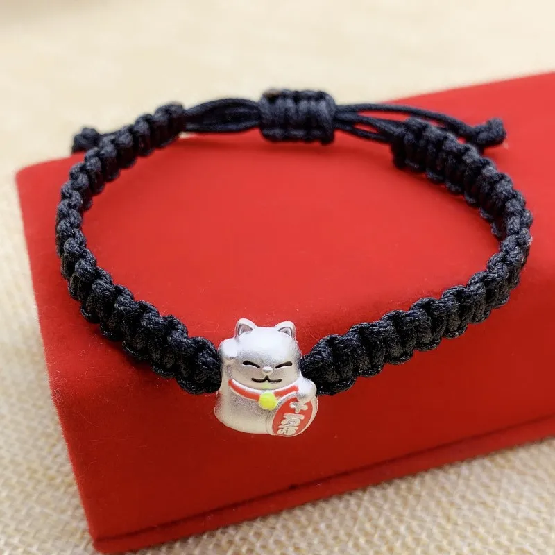 999 Серебряный талисман с кошкой для женщин, девушек, амулет, деньги, шнуровка, этнический Тибетский буддизм, Узелок, красная веревка, браслет - Окраска металла: Black