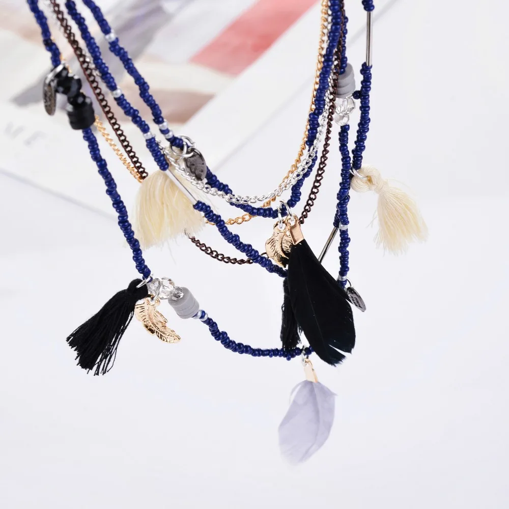 Богемное модное многоцветное ожерелье с кулоном из перьев, чокер с бусинами, кисточками, Макси Длинная Этническая цепочка, Массивное колье, ювелирное изделие