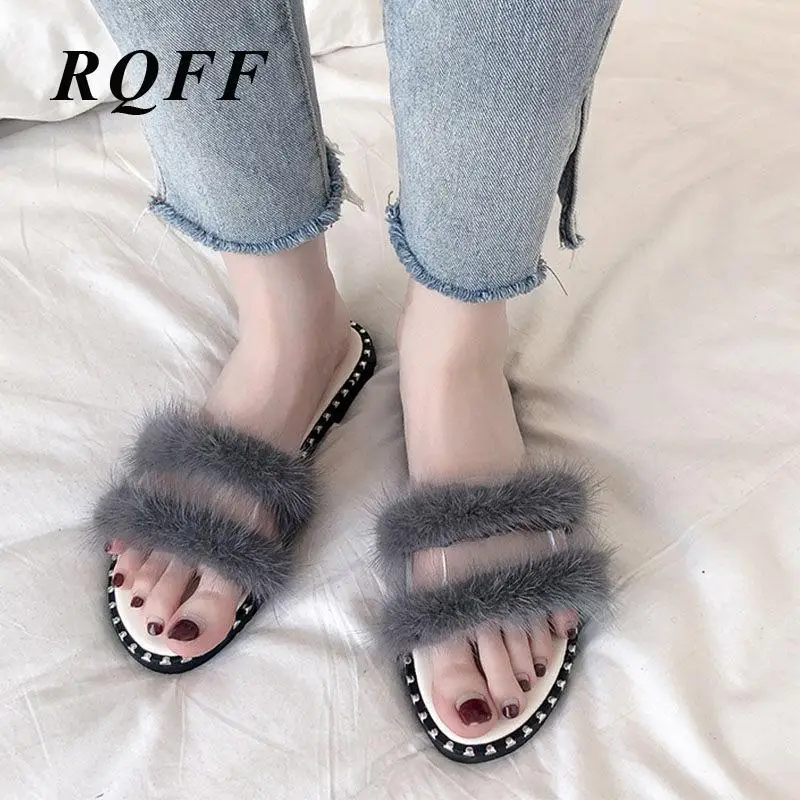 

Faux Fur Slides For Women Outside Slippers Summer Pvc Solid Open Toe Flat With Ladies Sandals Beige Gray Shoes Woman Footwear