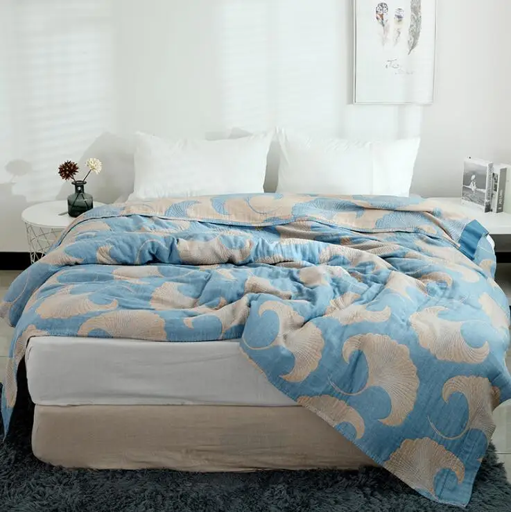 Хлопок нить полотенце одеяло на кровать мягкие и удобные дышащие постельные принадлежности покрывало для детей квилт для софы одеяло - Цвет: blue leaf