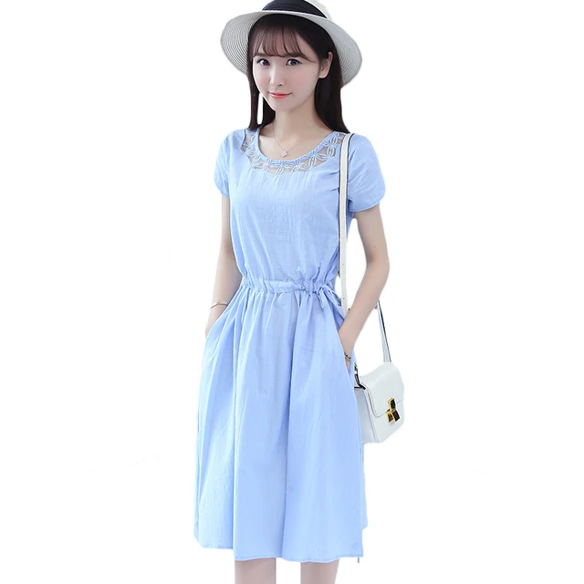 Women Casual Short Sleeve Drawstring Waist Knee Length Dress O Neck