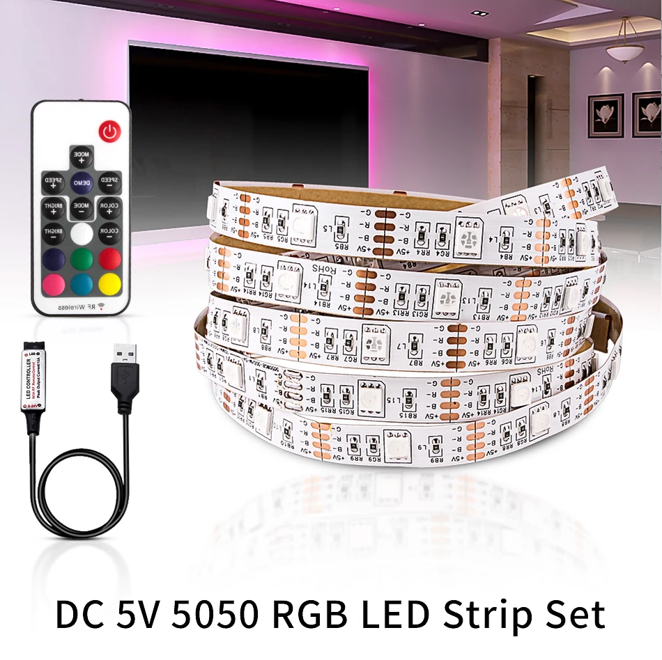 DC5V USB Светодиодная лента гибкий свет 5050 RGB мини 3Key 17Key RF ИК пульт дистанционного управления лента IP65 50 см 1 м 2 м 3 м ТВ фоновое освещение